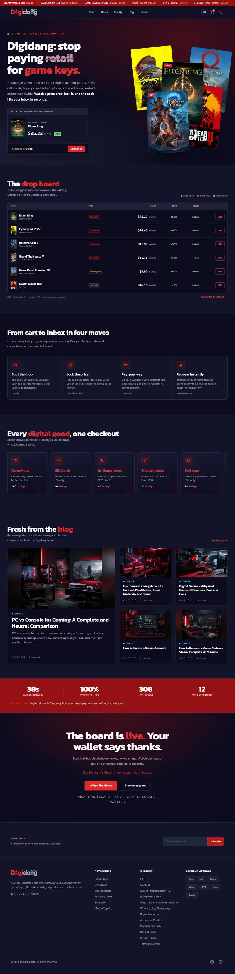 Halaman depan website Digidang (digidang.com), marketplace produk digital gaming, satu halaman penuh