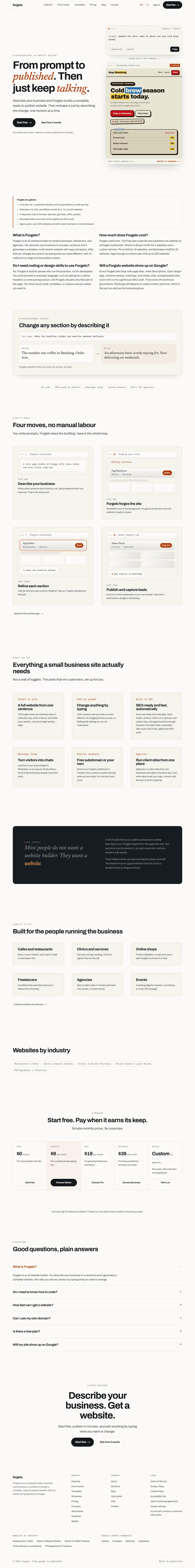 Halaman depan website Forgelo (forgelo.com), ai website builder, satu halaman penuh