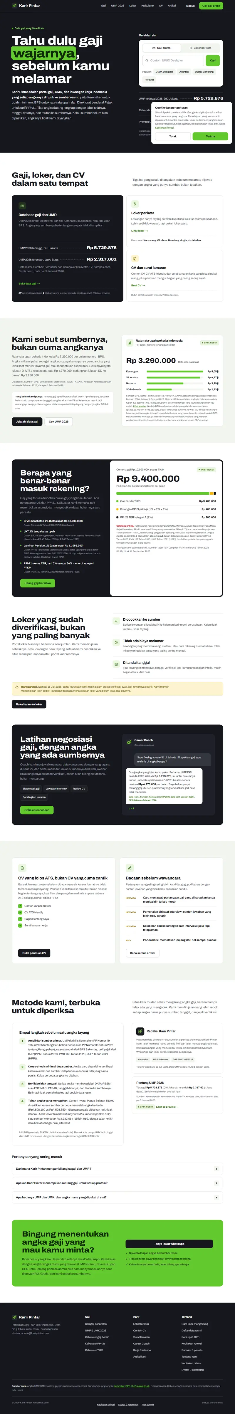 Halaman depan website Karir Pintar (karirpintar.com), info gaji dan karier, satu halaman penuh