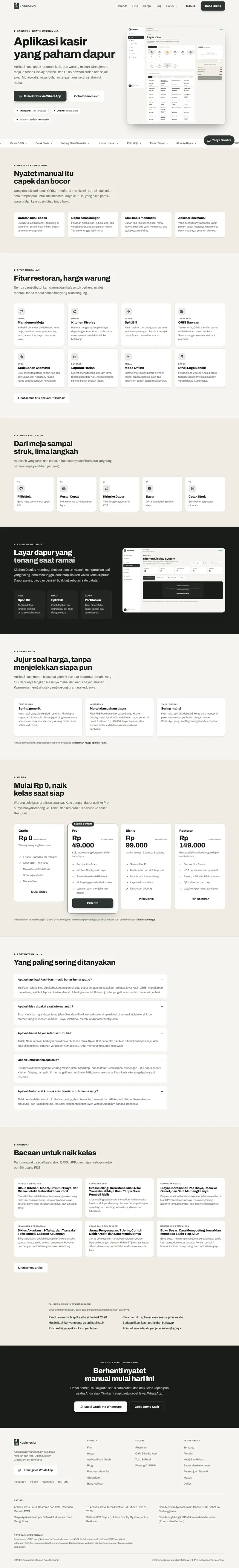 Halaman depan website Kasirnesia (kasirnesia.com), aplikasi kasir f&b, satu halaman penuh