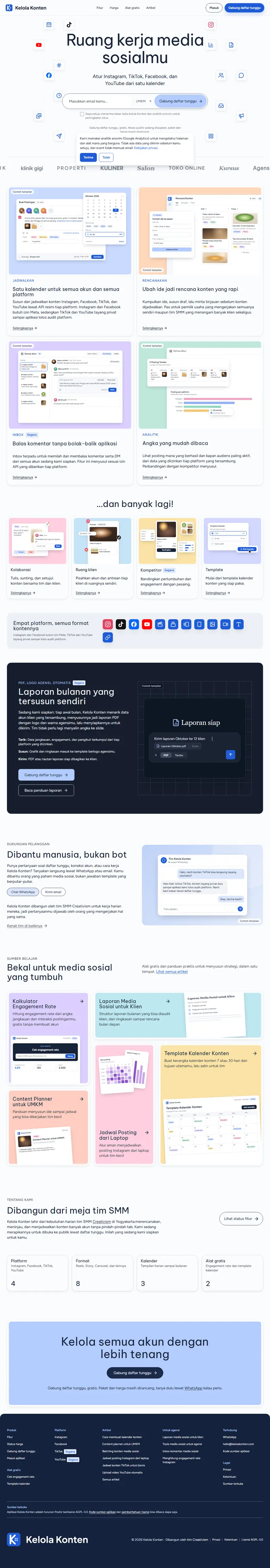 Halaman depan website Kelola Konten (kelolakonten.com), penjadwal media sosial, satu halaman penuh