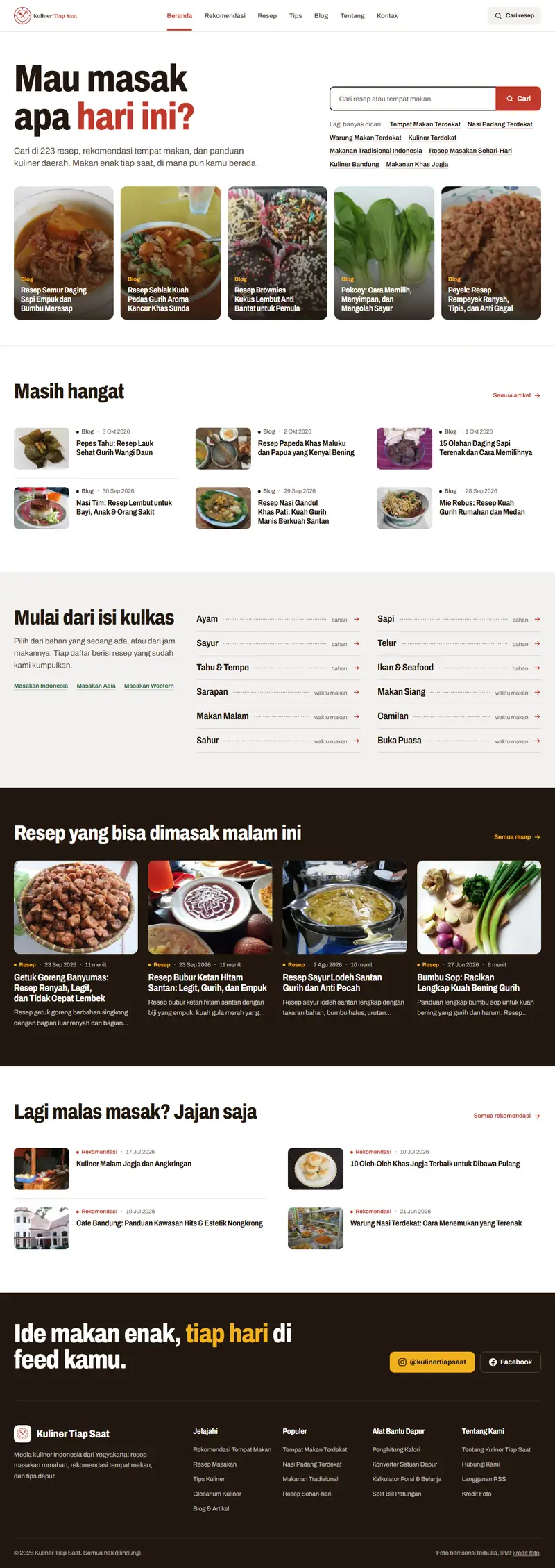 Halaman depan website Kuliner Tiap Saat (kulinertiapsaat.com), portal kuliner, satu halaman penuh