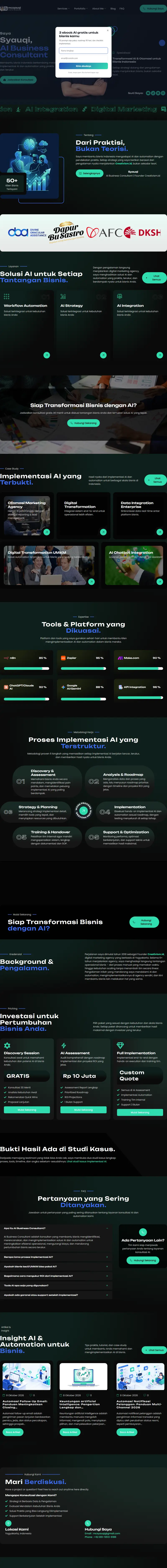 Halaman depan website Mcsyauqi (mcsyauqi.com), personal branding konsultan ai, satu halaman penuh