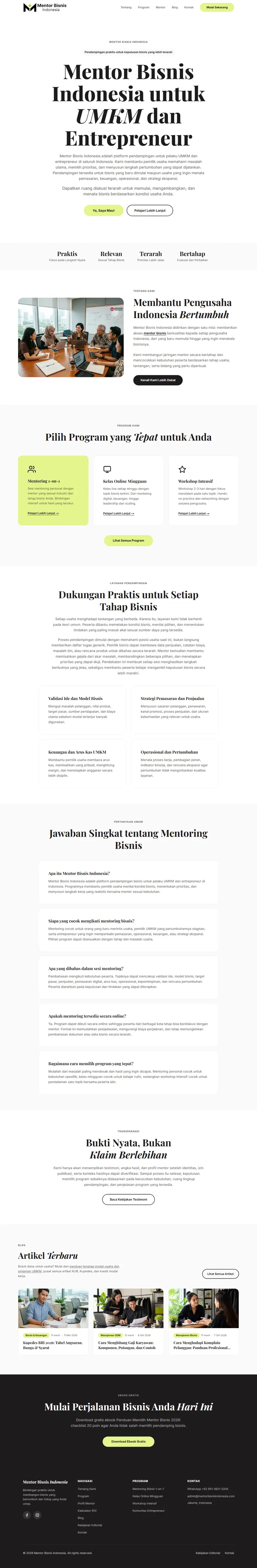 Halaman depan website Mentor Bisnis Indonesia (mentorbisnisindonesia.com), platform mentoring bisnis, satu halaman penuh