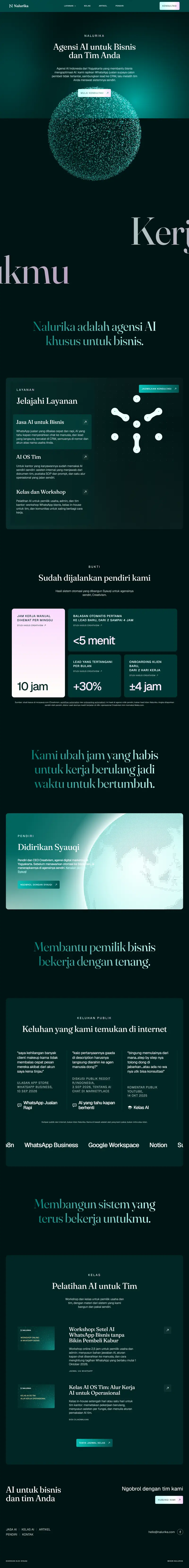 Halaman depan website Nalurika (nalurika.com), agensi ai, satu halaman penuh