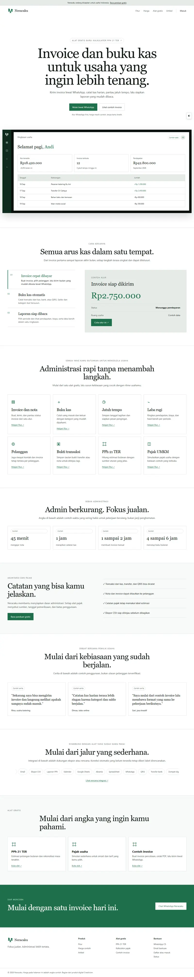 Halaman depan website Neracaku (neracaku.com), invoice dan pembukuan, satu halaman penuh