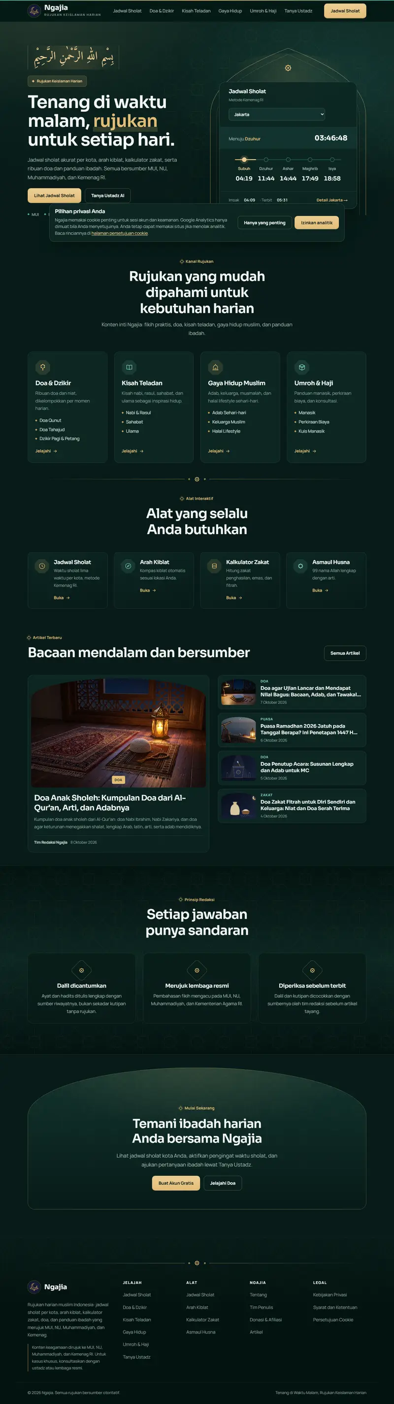 Halaman depan website Ngajia (ngajia.com), portal keislaman, satu halaman penuh