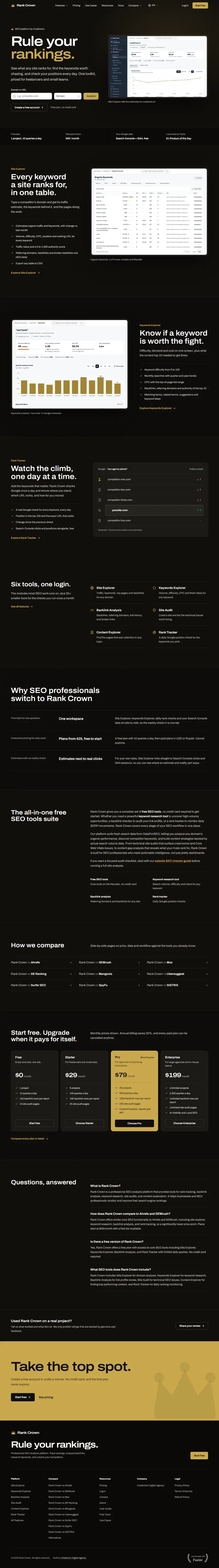 Halaman depan website Rank Crown (rankcrown.com), seo tools, satu halaman penuh