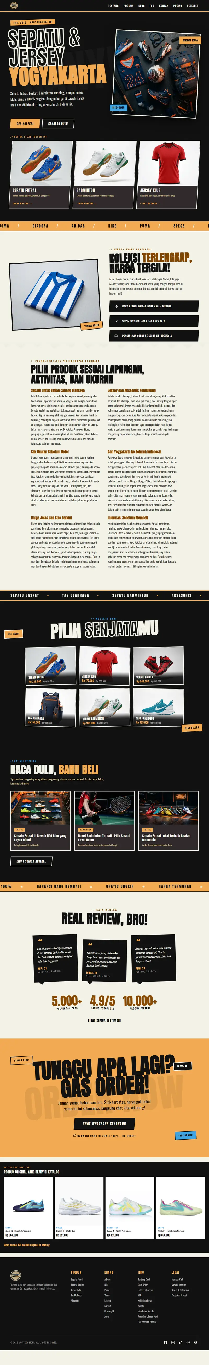 Halaman depan website Ranyeker Store (ranyekerstore.com), perlengkapan olahraga, satu halaman penuh