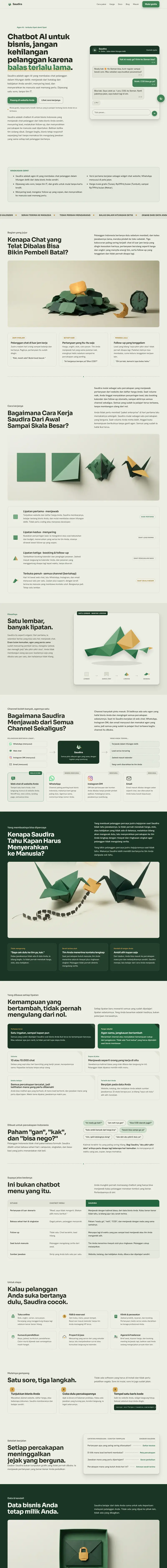 Halaman depan website Saudira (saudira.com), chatbot ai untuk bisnis, satu halaman penuh