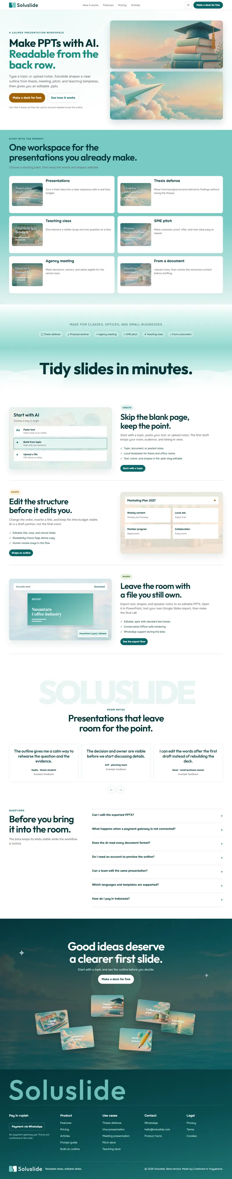 Halaman depan website Soluslide (soluslide.com), ai pembuat presentasi, satu halaman penuh