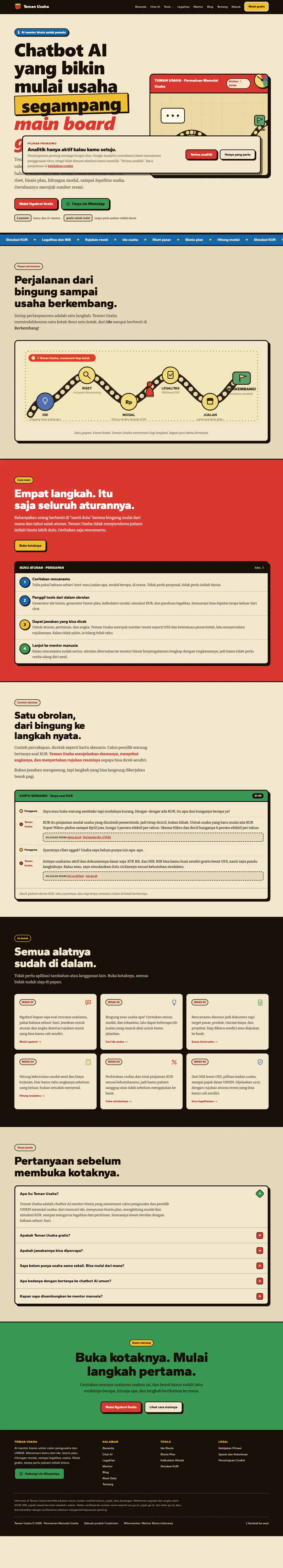 Halaman depan website Teman Usaha (temanusaha.com), chatbot mentor bisnis, satu halaman penuh