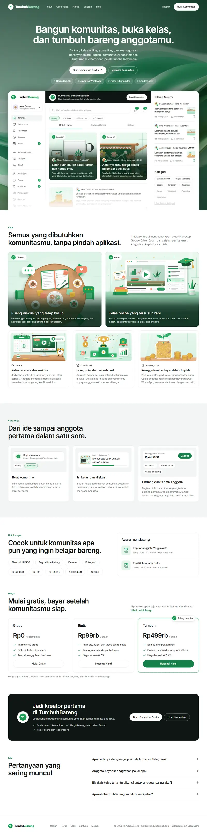 Halaman depan website Tumbuh Bareng (tumbuhbareng.com), komunitas dan kelas online, satu halaman penuh