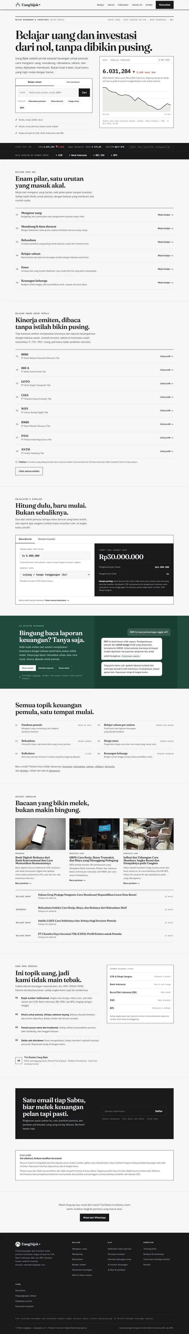 Halaman depan website Uang Bijak (uangbijak.com), edukasi keuangan, satu halaman penuh