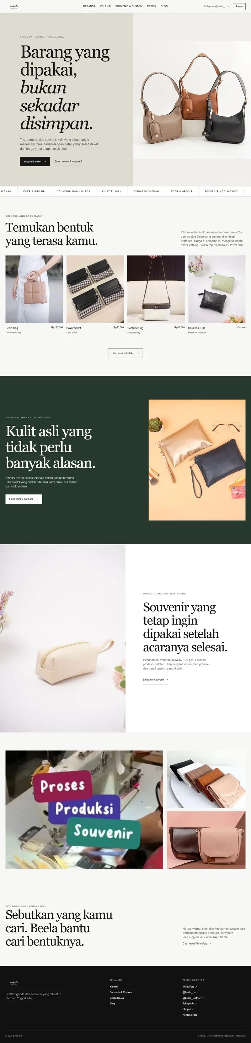 Halaman depan website Your Beela (yourbeela.com), tas dan dompet kulit, satu halaman penuh