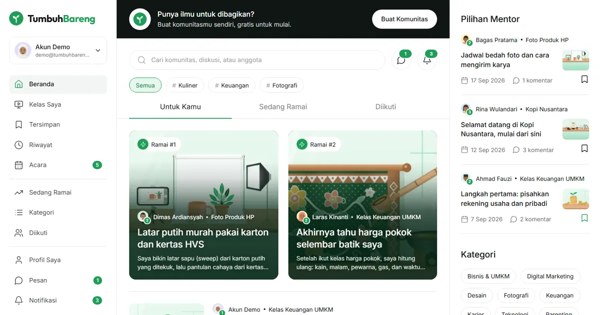 Tangkapan layar dasbor komunitas Tumbuh Bareng Tangkapan layar dasbor komunitas Tumbuh Bareng
